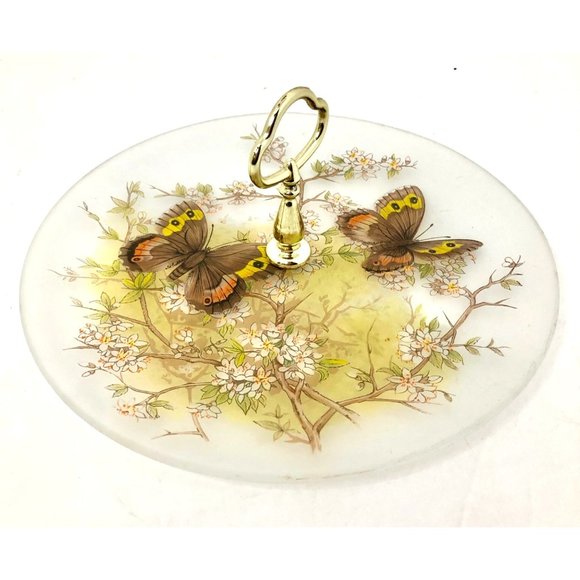 Viking USA Vintage Butterfly Frosted Glass Tray Gold Boho Cottagecore - Picture 2 of 5
